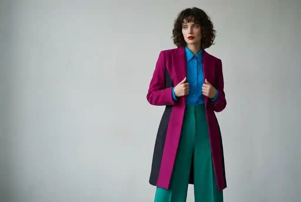 Color blocking — jak łączyć kolory kontrastowe w stylizacji? Modelka w eleganckiej sukience z jasnym panelem pośrodku i ciemnymi bokami, co doskonale ilustruje, jak color blocking wizualnie modeluje sylwetkę, tworząc iluzję wąskiej talii.