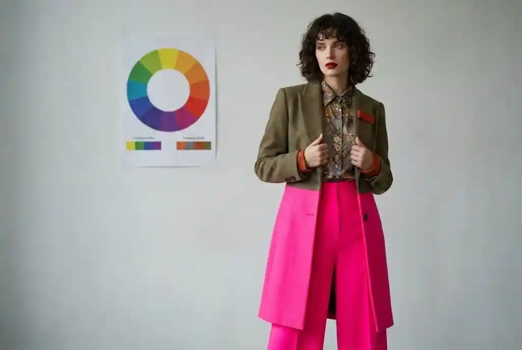 Color blocking — jak łączyć kolory kontrastowe w stylizacji? Modelka ubrana w jaskrawy pomarańczowy top i niebieskie spodnie, co dzieli sylwetkę w równej proporcji 50:50, idealnie ilustrując najczęstsze błędy w color blockingu polegające na skracaniu i przecinaniu figury na pół.