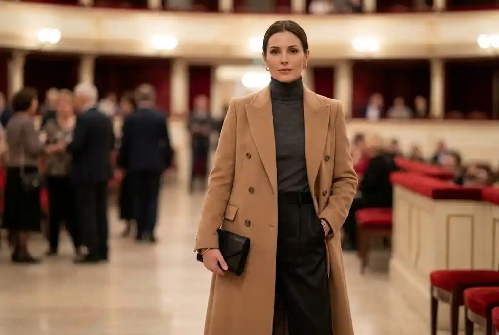 Jak się ubrać do teatru — poradnik stylistki Elegancka kobieta we foyer opery, ubrana w doskonale skrojony, minimalistyczny płaszcz kaszmirowy i golf z wełny merino, uosabia filozofię quiet luxury w stylizacji teatralnej
