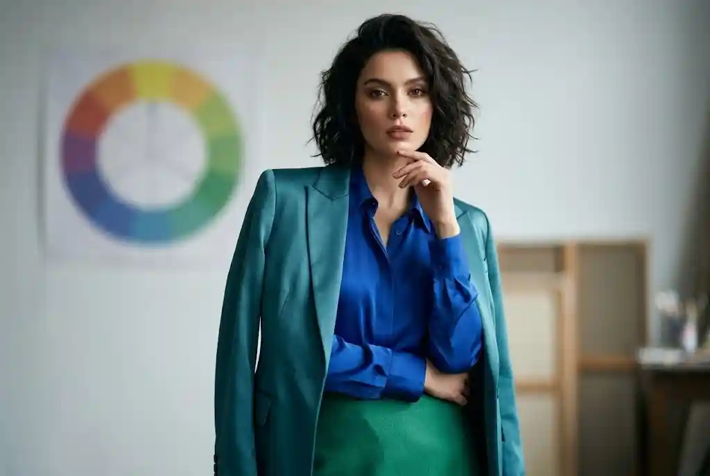 Color blocking — jak łączyć kolory kontrastowe w stylizacji? Modelka ubrana w elegancką stylizację prezentującą schemat analogiczny w color blockingu, płynnie łączącą harmonijne odcienie granatu, morskiego błękitu i szmaragdowej zieleni.