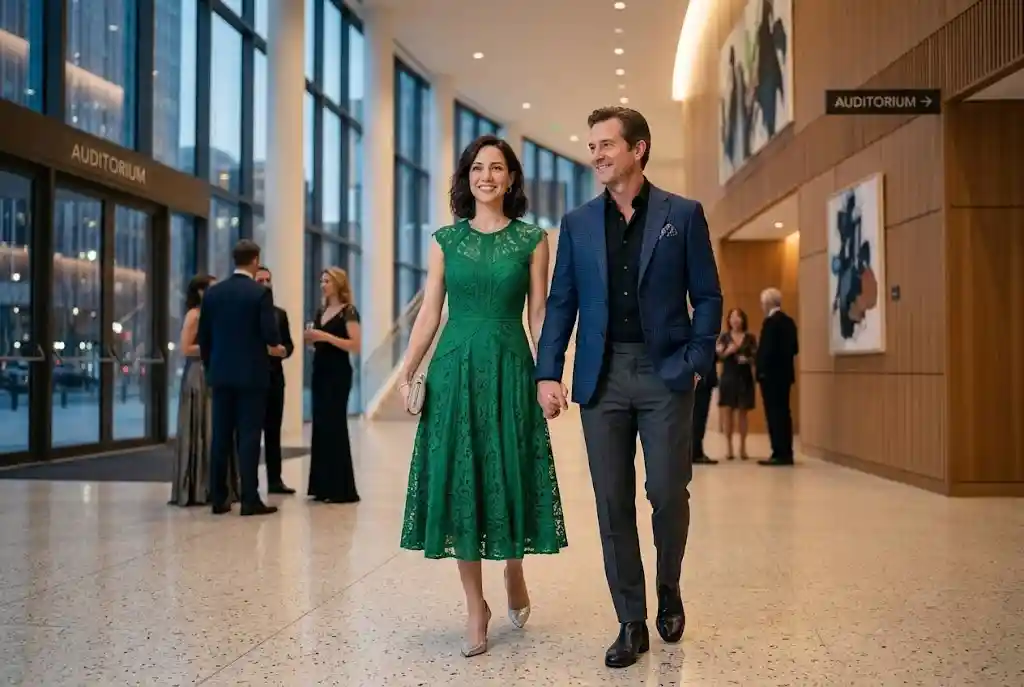 Jak się ubrać do teatru — poradnik stylistki Kobieta ubrana w wyrazistą, elegancką sukienkę koktajlową w foyer, co stanowi doskonały przykład na półformalny strój do teatru muzycznego.