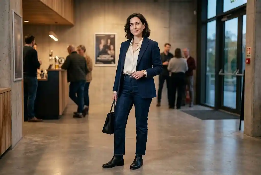 Jak się ubrać do teatru — poradnik stylistki Kobieta ubrana w klasyczne ciemne jeansy, jedwabną koszulę i marynarkę, stojąca w surowym wnętrzu, co idealnie obrazuje, jak wygląda swobodna elegancja i odpowiedni strój do teatru współczesnego.