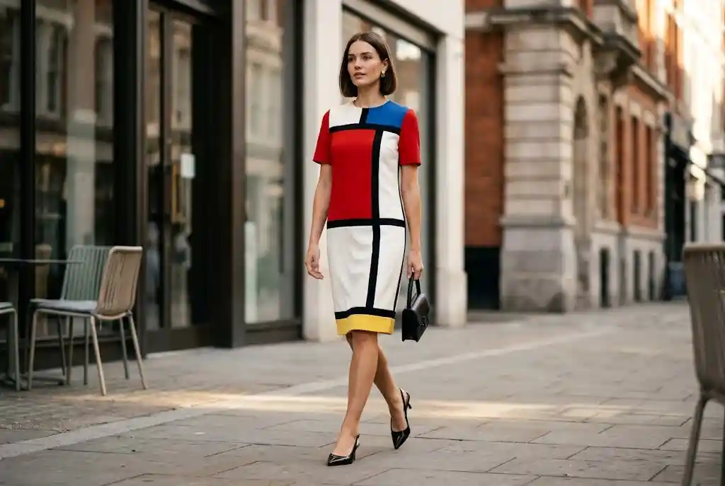 Color blocking — jak łączyć kolory kontrastowe w stylizacji? Modelka prezentująca klasyczny color blocking poprzez geometryczną sukienkę z jednolitymi, odważnymi panelami w podstawowych barwach, inspirowaną abstrakcyjną sztuką Mondriana.