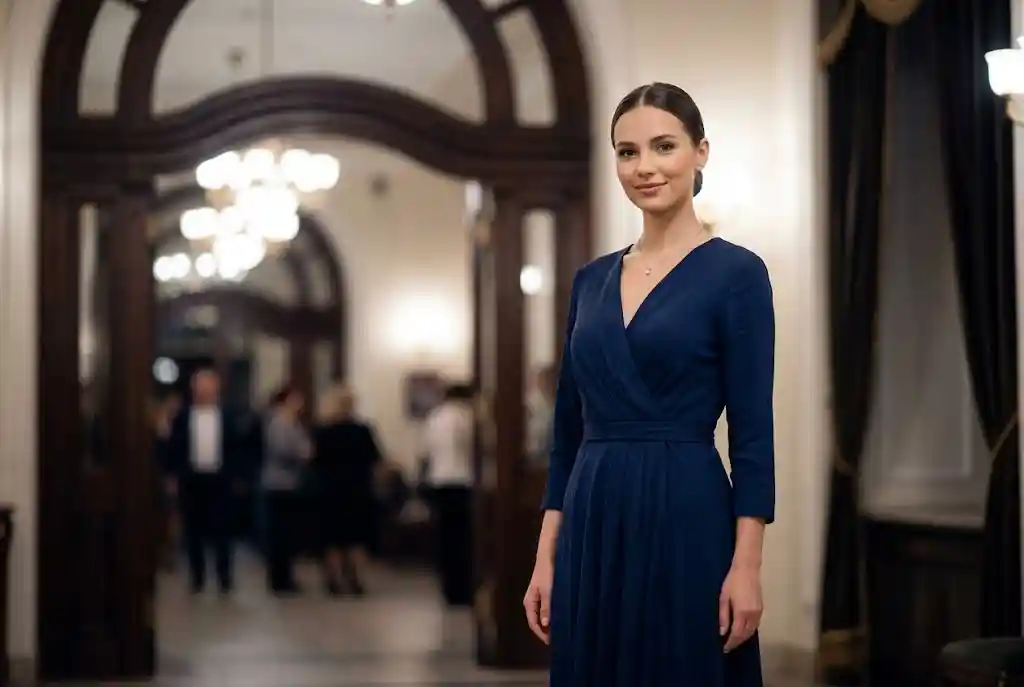 Jak się ubrać do teatru — poradnik stylistki Elegancka kobieta w ciemnej kopertowej sukience do teatru z zaznaczoną talią, ilustrująca harmonijny typ sylwetki klepsydra, stoi we foyer opery.
