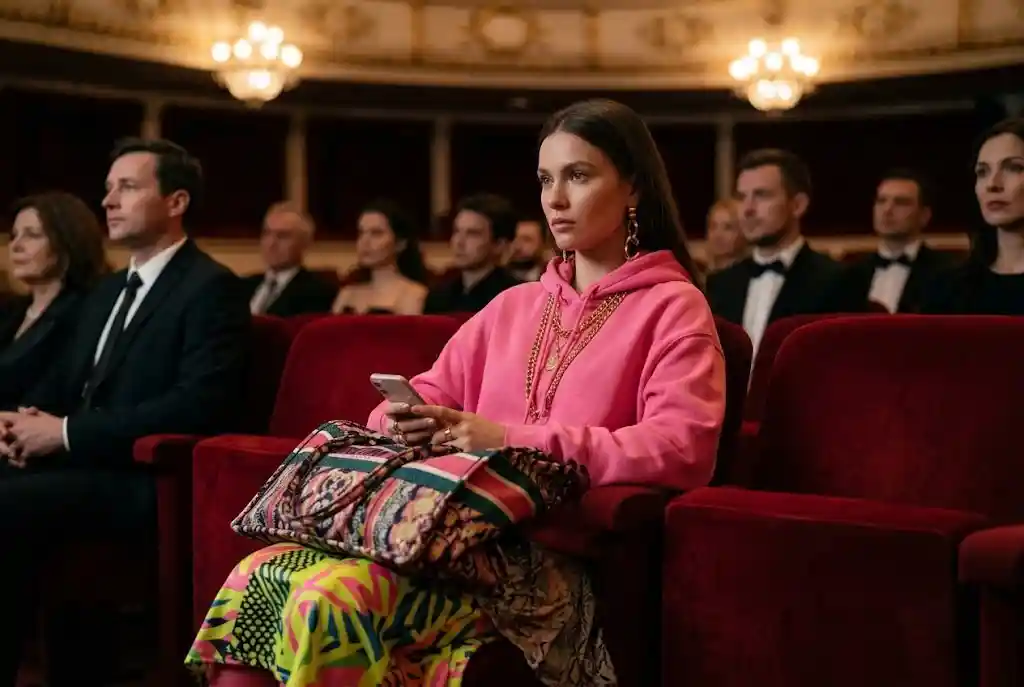 Jak się ubrać do teatru — poradnik stylistki Zbliżenie na siedzącą w hallu teatru kobietę w jaskrawej neonowej bluzie, głośnej biżuterii i trzymającą dużą torbę, pokazujące najczęstsze błędy modowe do teatru, których należy unikać.