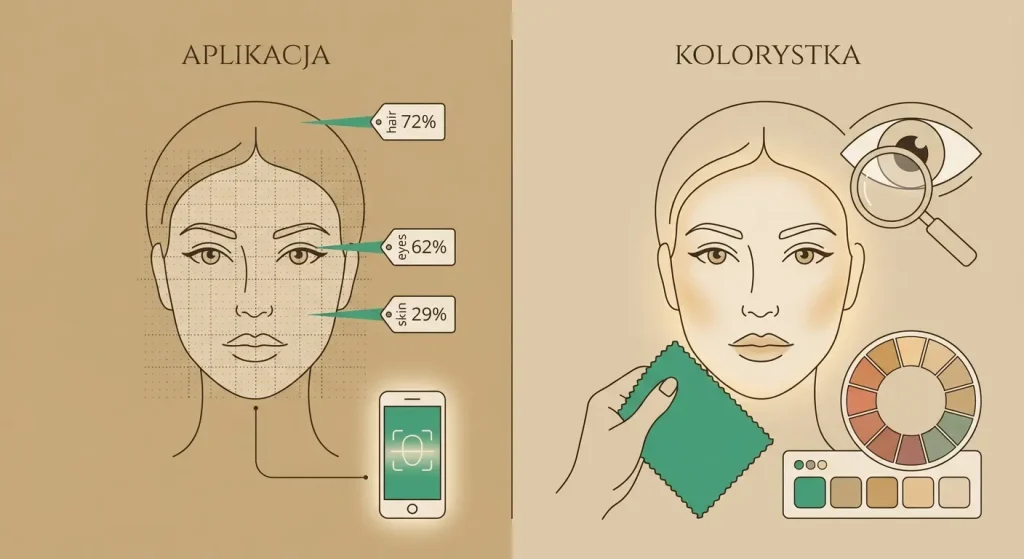 Analiza kolorystyczna AI i testy online — dlaczego mylą typ urody? 9 mechanizmów Schemat: aplikacja mierzy piksele włosów, oczu i skóry, a kolorystka sprawdza reakcję twarzy na przyłożoną tkaninę