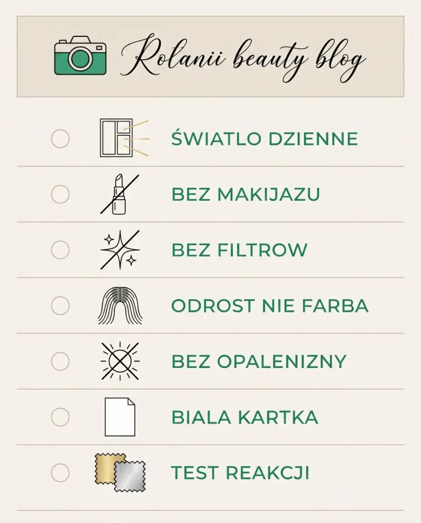 Analiza kolorystyczna AI i testy online — dlaczego mylą typ urody? 9 mechanizmów Infografika: siedem zasad zdjęcia do testu typu urody — światło dzienne, brak makijażu i filtrów, odsłonięty odrost, bez opalenizny, biała kartka w kadrze i test reakcji na kolor
