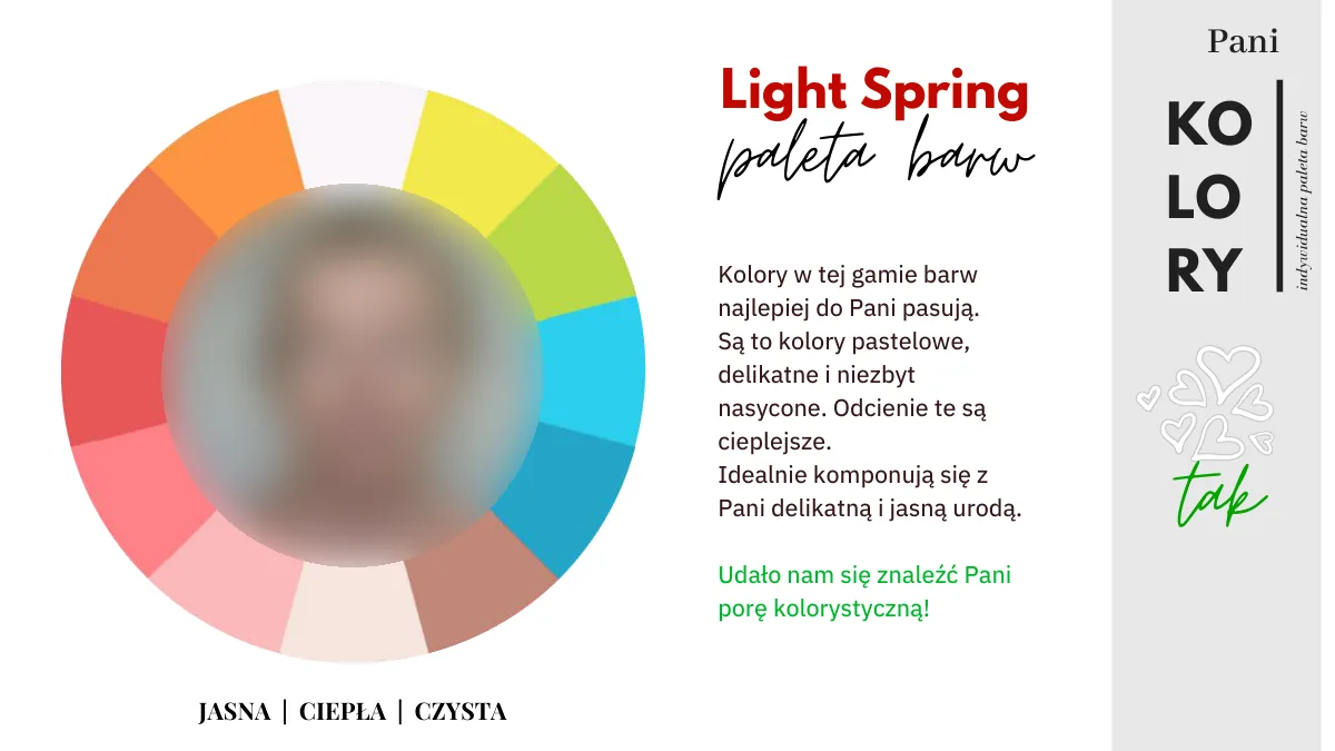 Analiza kolorystyczna online Przykładowa strona raportu: paleta barw jasnej wiosny z uzasadnieniem, twarz rozmyta