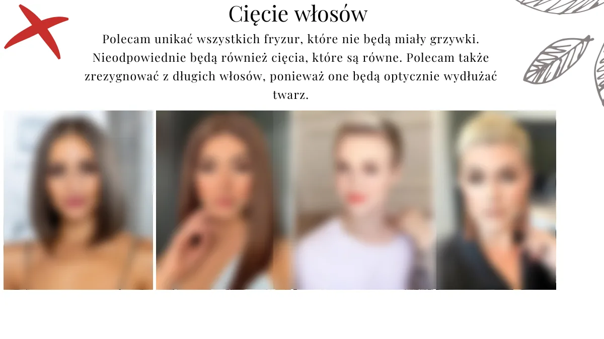 Analiza kształtu twarzy online Przykładowa strona raportu: niepolecane cięcia włosów, zdjęcia przykładowe rozmyte