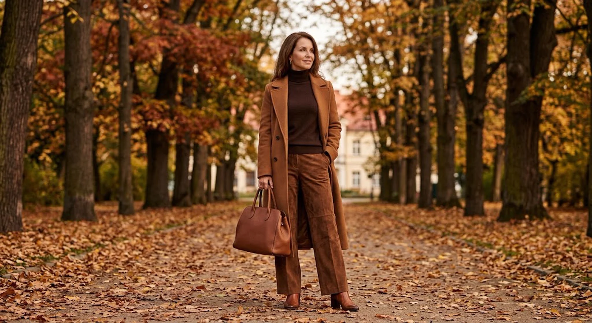 Jaki kolor pasuje do brązu? Brązowy total look: karmelowy płaszcz, czekoladowy sweter i brązowe zamszowe spodnie – stylizacja z różnych faktur