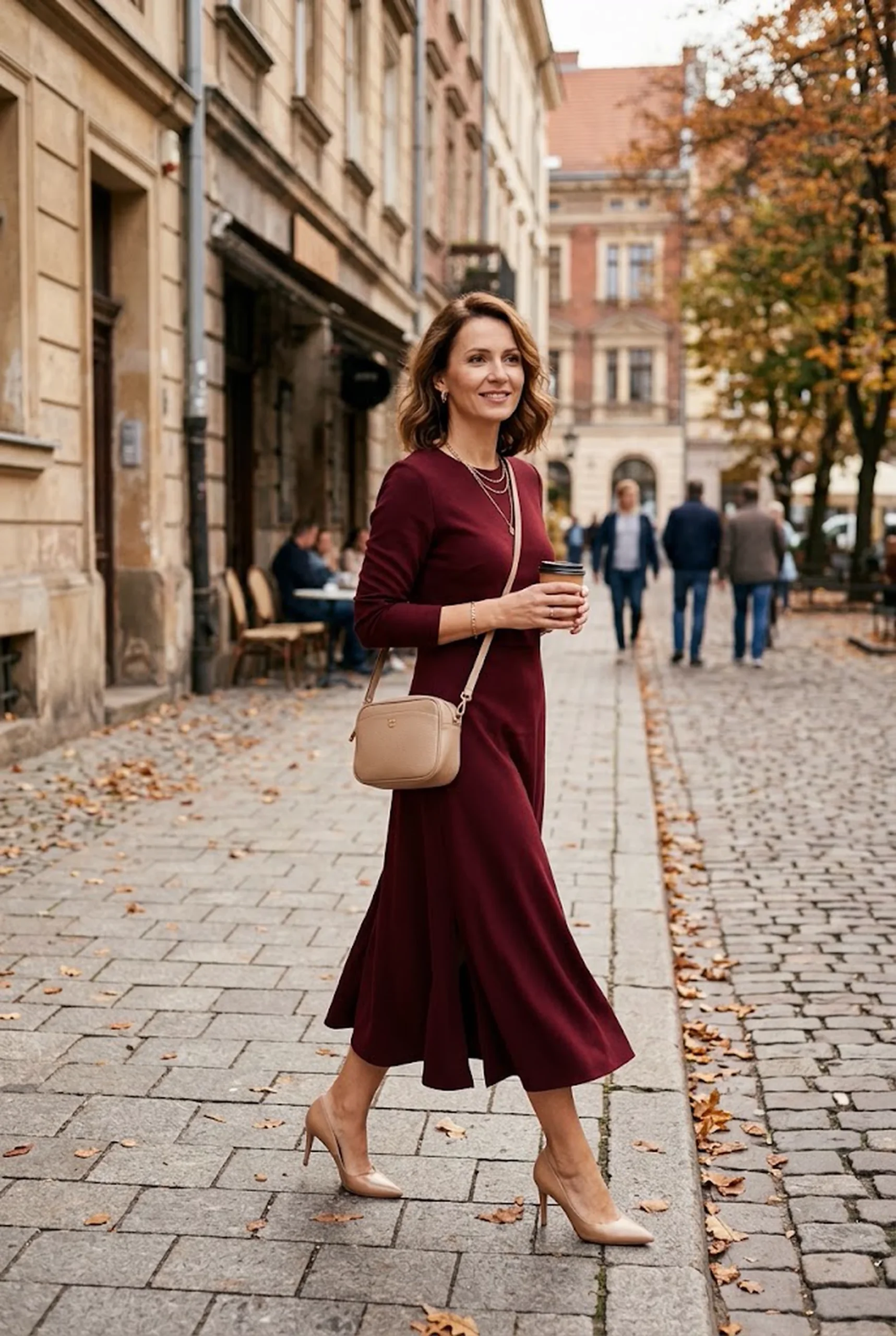 Jaki kolor pasuje do burgundowego? Porady i zestawienia Burgundowa sukienka midi z beżowymi czółenkami, beżową torebką i złotą biżuterią – jakie buty i dodatki do burgundowej sukienki