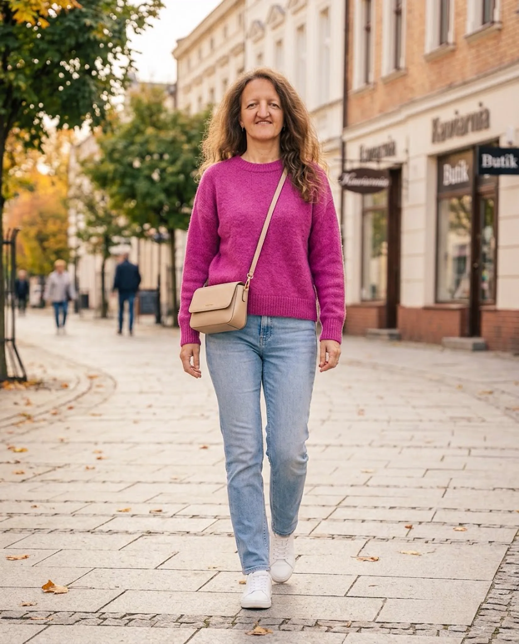 Kolor fuksja w modzie – komu pasuje i z czym go łączyć? Fuksjowy sweter z jasnymi jeansami i białymi sneakersami – stylizacja z kolorem fuksja na co dzień