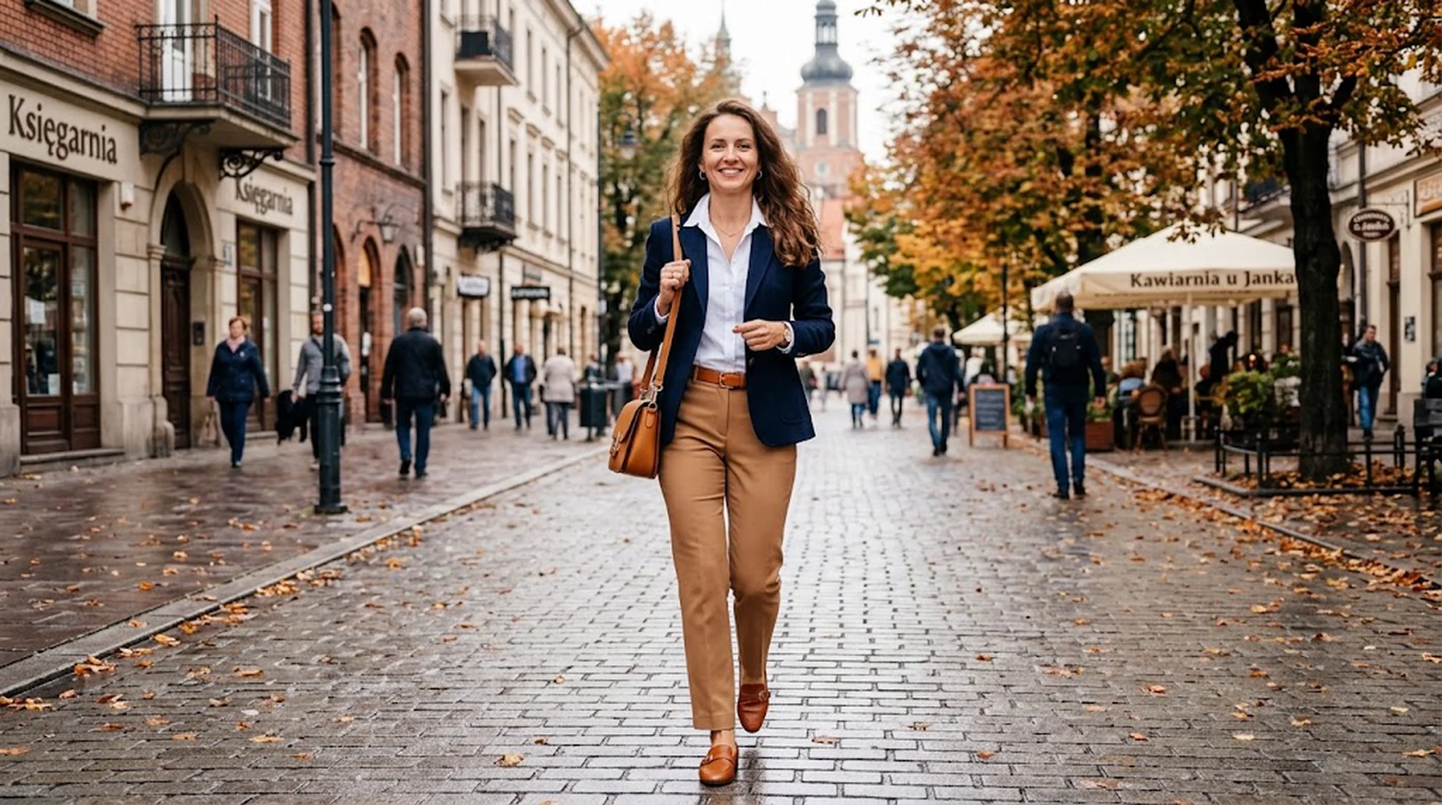 Jaki kolor pasuje do niebieskiego? Z czym łączyć niebieski? Granatowa marynarka z białą koszulą i spodniami w kolorze camel – elegancka stylizacja z granatem