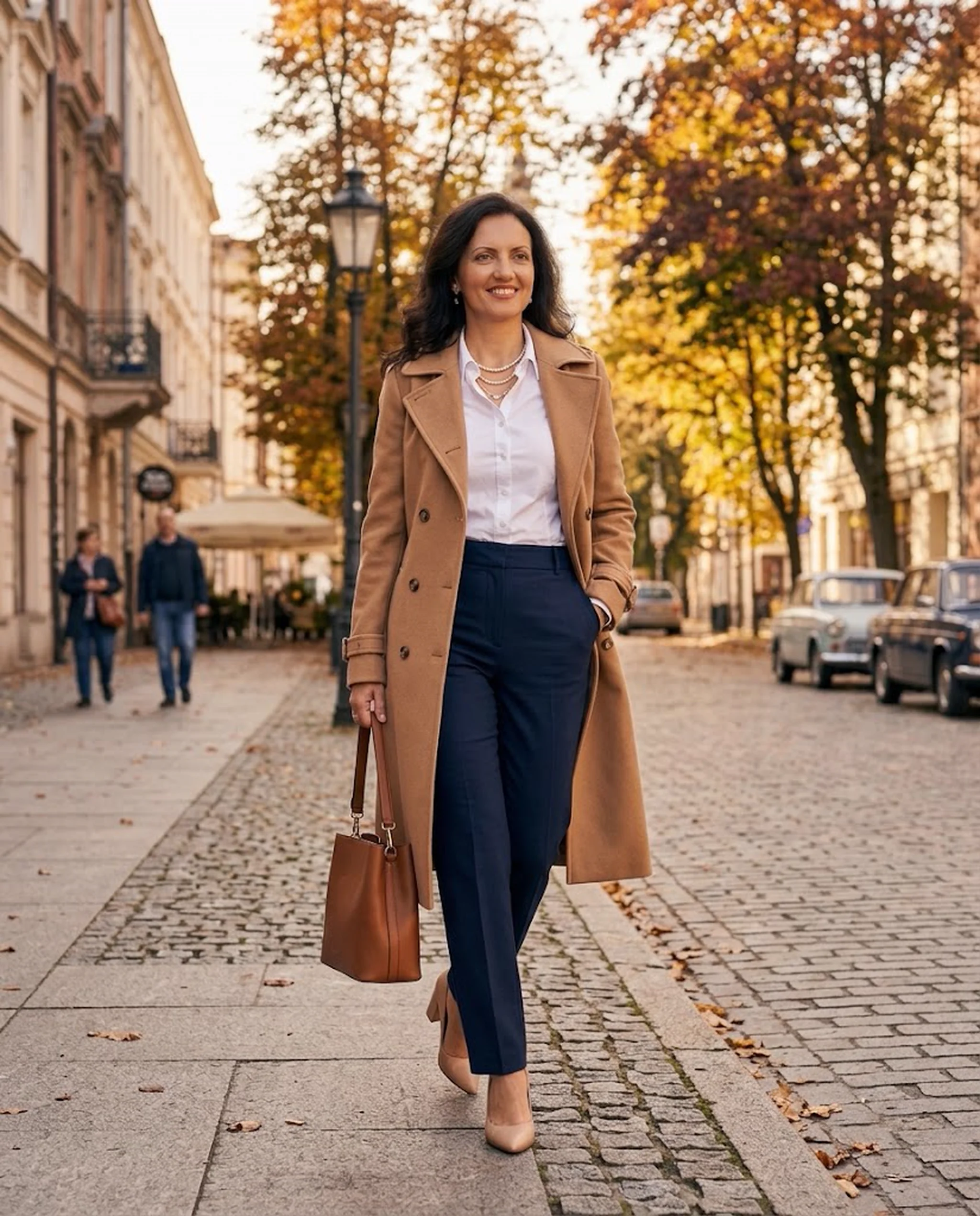 Jaki kolor pasuje do granatowego? Z czym łączyć granat w stylizacjach? Granatowe spodnie z białą koszulą, camelowym płaszczem, beżowymi czółenkami i camelową torebką – jaka bluzka do granatowych spodni