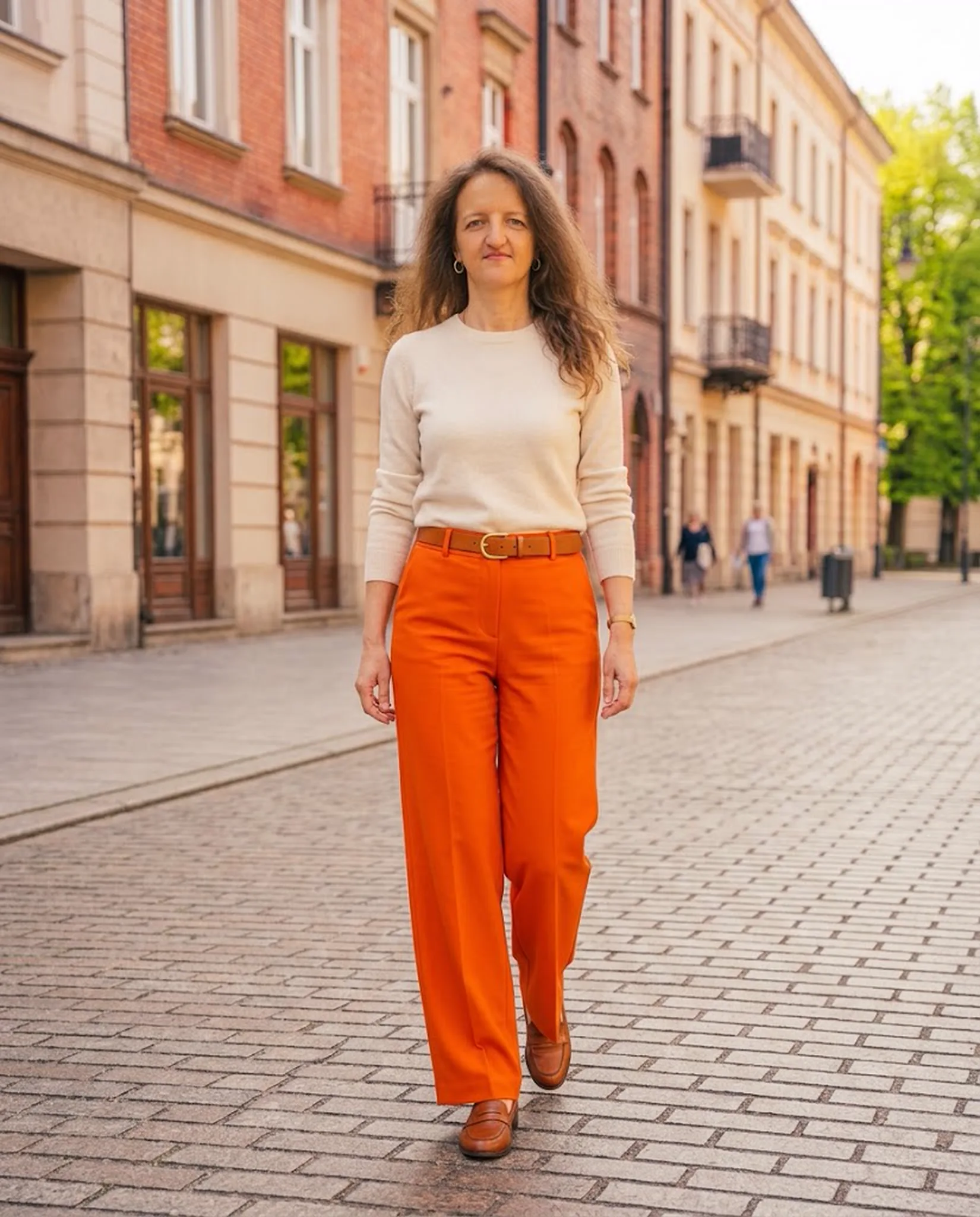 Jaki kolor pasuje do pomarańczowego? Z czym go łączyć? Pomarańczowe szerokie spodnie z kremowym swetrem i koniakowymi dodatkami – stylizacja z pomarańczowymi spodniami