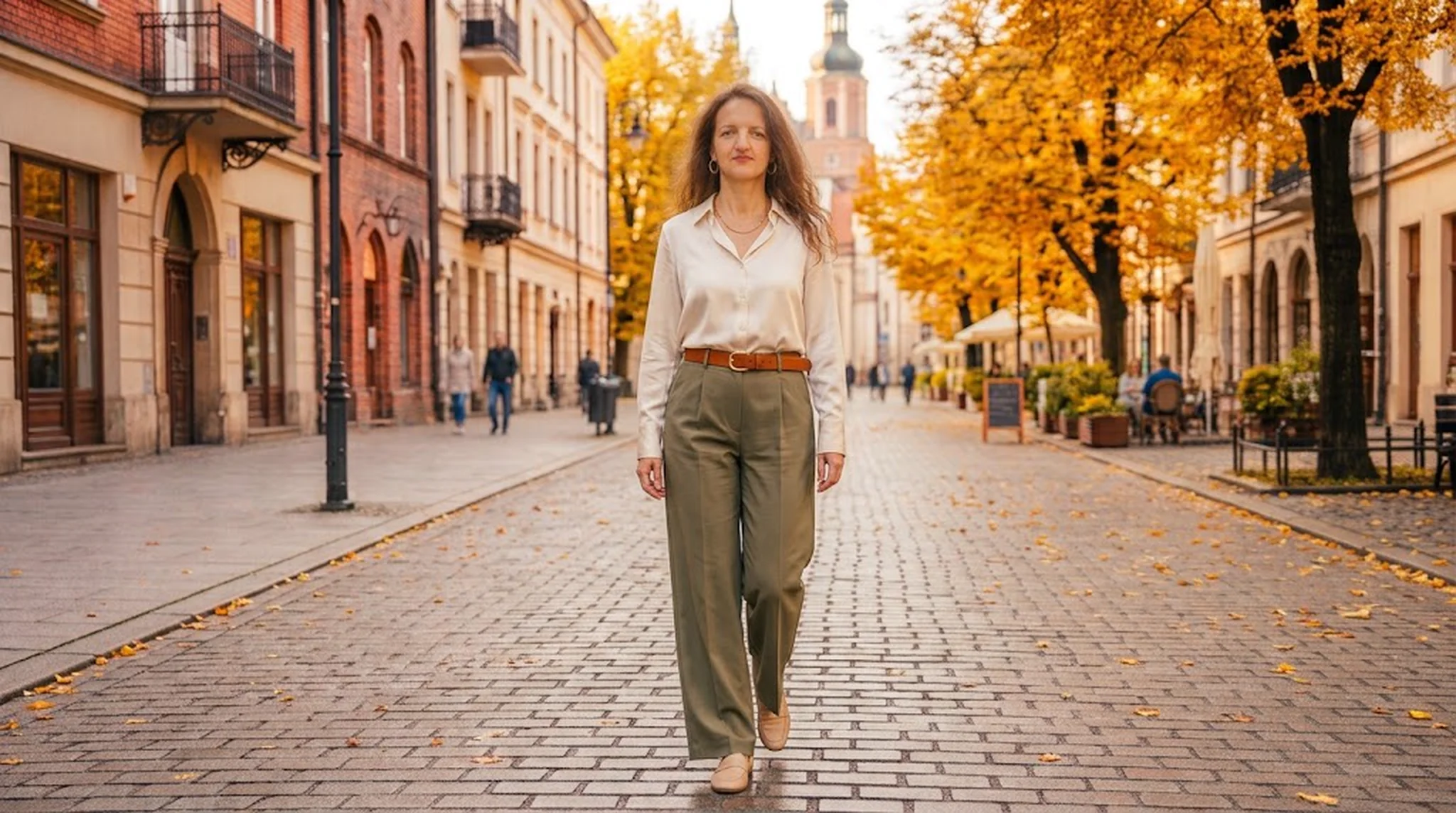 Kolor khaki – z czym łączyć i komu pasuje ten militarny odcień? Szerokie spodnie khaki z kremową jedwabną bluzką i koniakowym paskiem – elegancka stylizacja z khaki