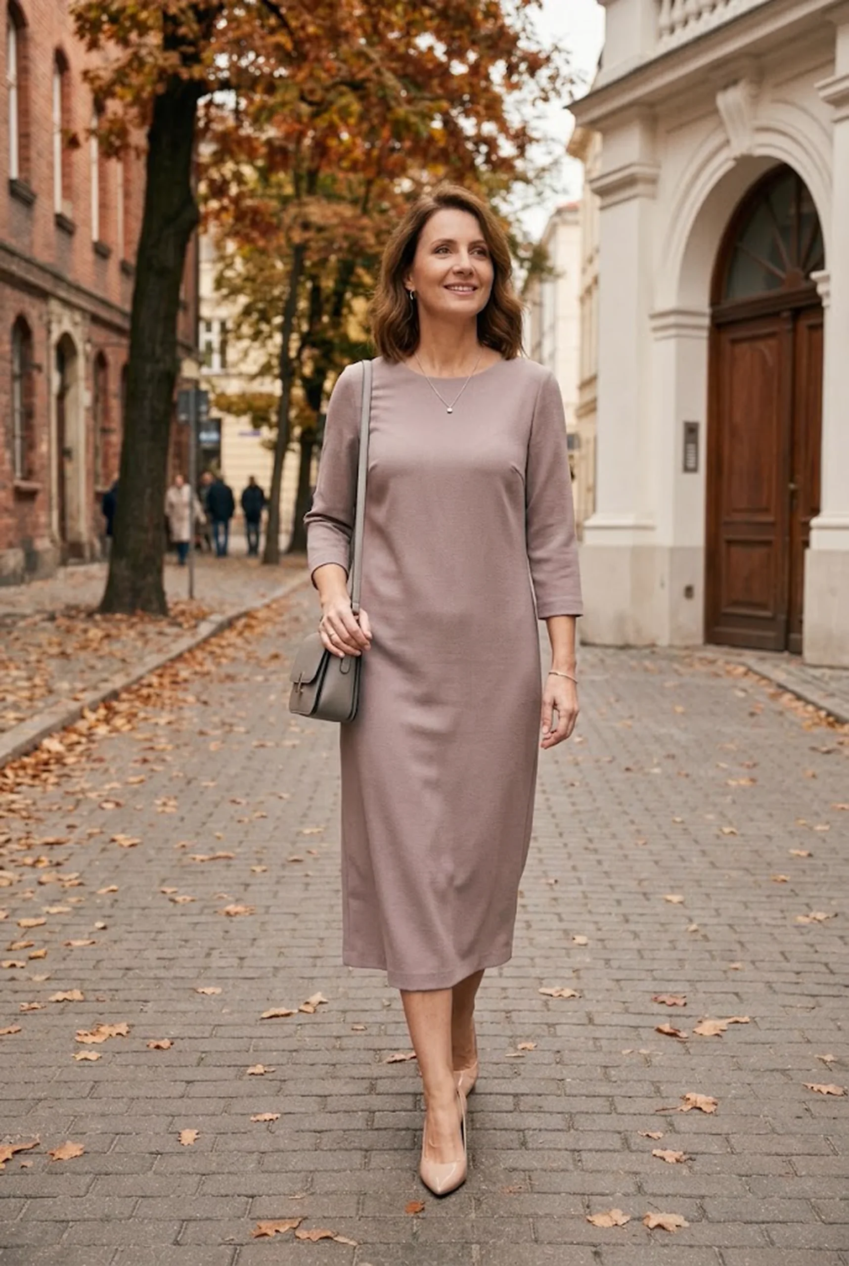 Jaki kolor pasuje do brudnego różu? Zestawienia i porady Sukienka w kolorze brudnego różu z butami nude, srebrną biżuterią i szarą torebką – jakie dodatki do sukienki w kolorze brudnego różu