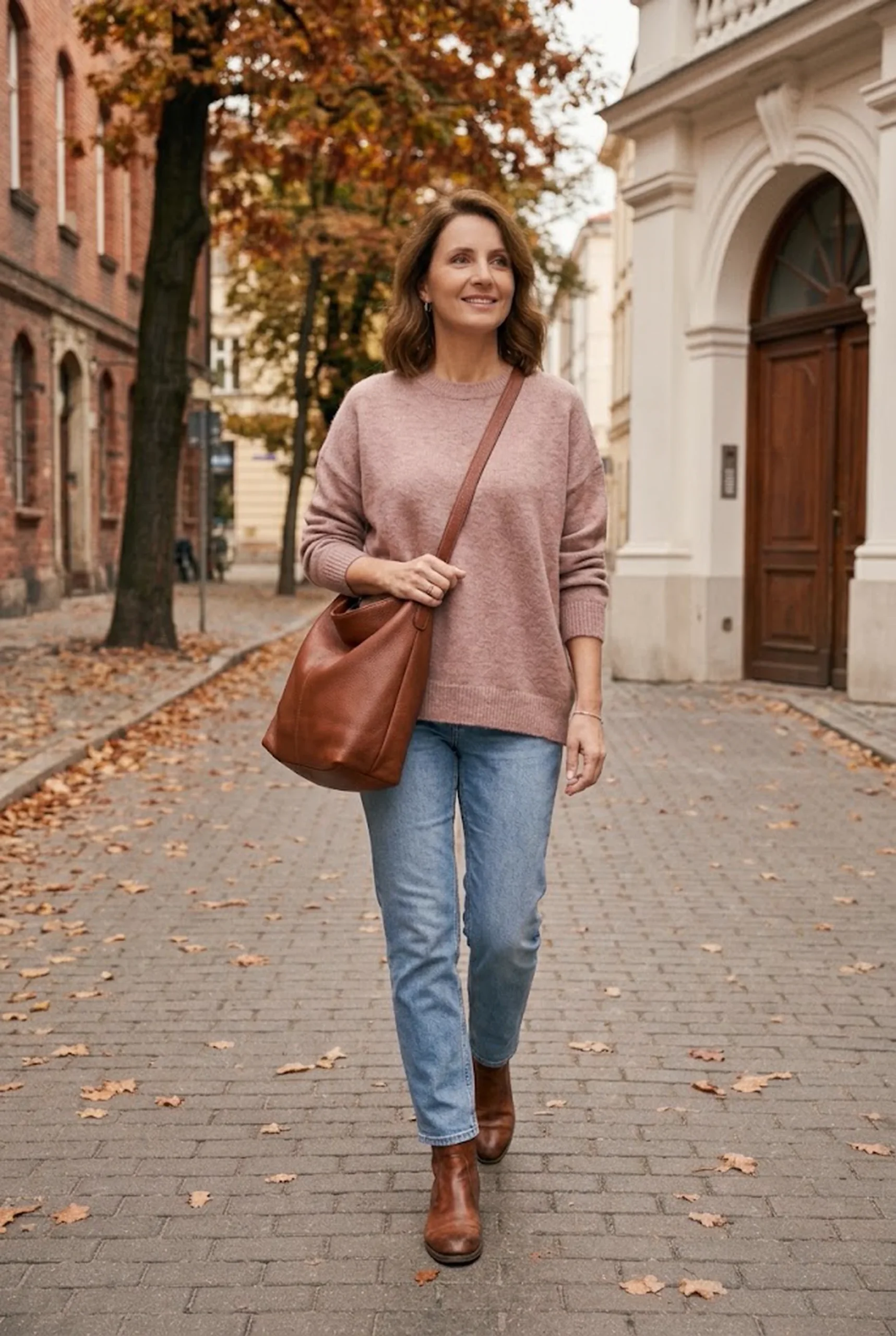 Jaki kolor pasuje do brudnego różu? Zestawienia i porady Sweter w kolorze brudnego różu z jasnymi jeansami, brązowymi botkami i torbą w kolorze koniaku – z czym nosić sweter w kolorze brudnego różu