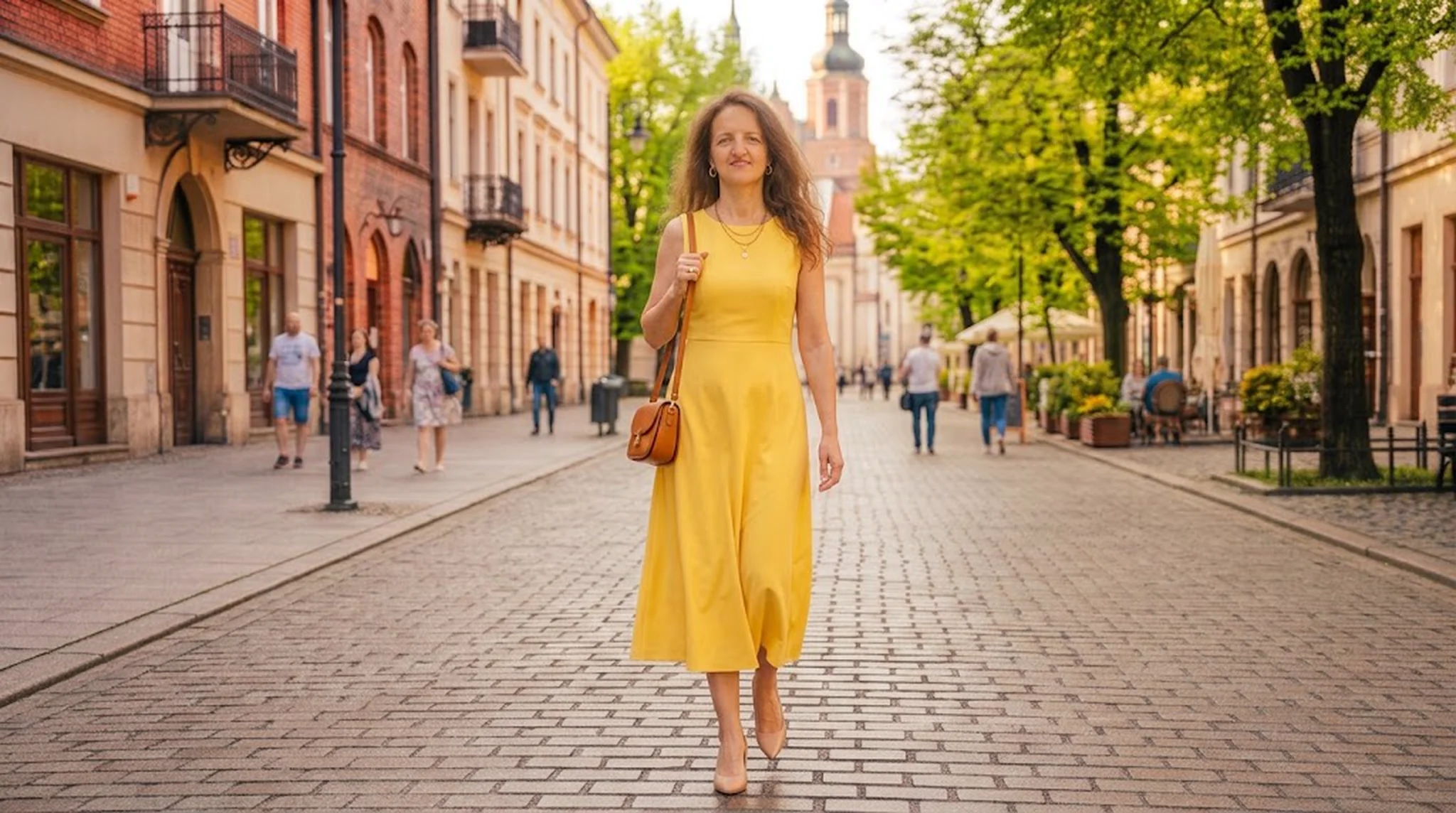 Jaki kolor pasuje do żółtego ubrania? Z czym łączyć żółty? Żółta sukienka midi z butami w kolorze nude i złotą biżuterią – stylizacja z żółtą sukienką